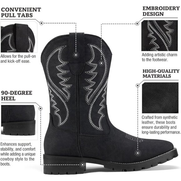 Men\'s Black Square Toe Chunky Heel Mid-calf Classic Embroidered Pull On Boots main image 5